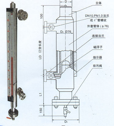 磁性浮子液位计水 80℃ L=1000MM DN20活动法兰 远传磁翻板液位计 浮子液位计带输出
