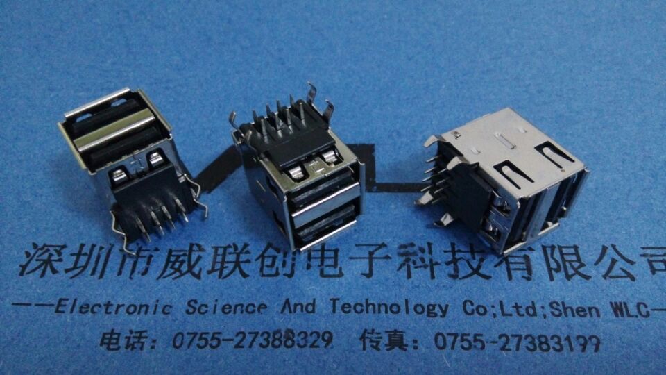 【双层90度USB母座】A母卧式90度插板，弯脚DIP有卷边  无线充电插头  USB90度插板  A母双层USB