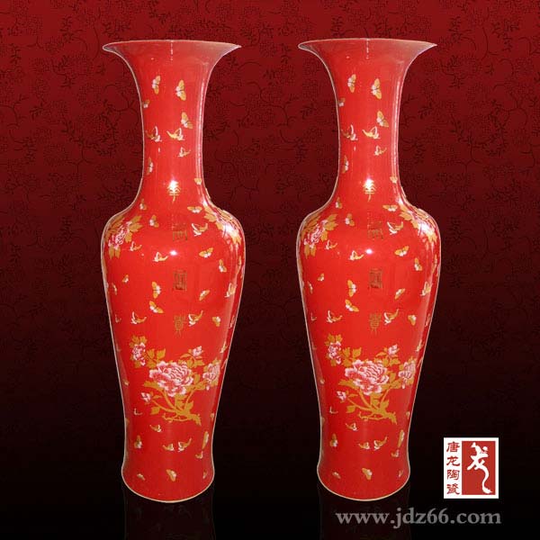 中国红陶瓷大花瓶 庆典花瓶 大花瓶摆件