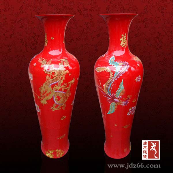 中国红陶瓷大花瓶 庆典花瓶 大花瓶摆件