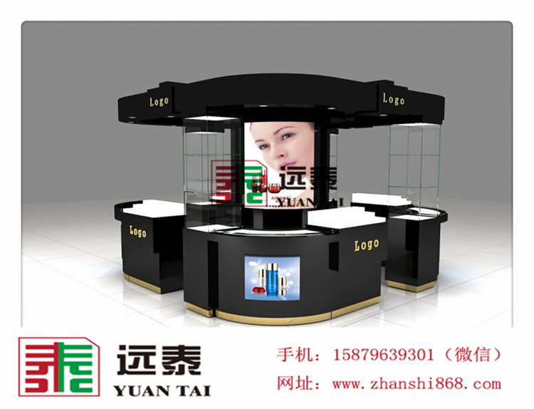 商场修眉美妆展柜钢化玻璃层板不锈钢踢脚弧形展柜 黑色烤漆商场展柜 美妆修眉弧形柜 钢化玻璃层板柜
