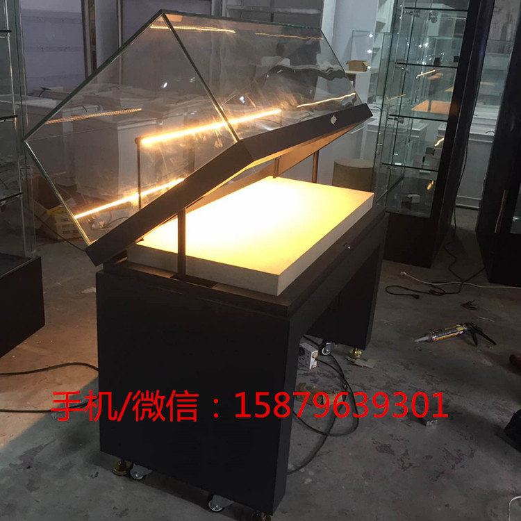 广西掀起式博物馆冷轧钢板展柜|液压式五面玻璃俯视柜 广西掀起式博物馆柜 冷轧钢板独立柜 液压式五面玻璃柜