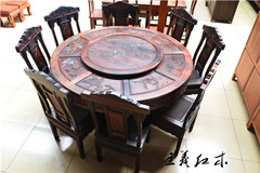 哈尔滨圆形转盘式缅甸花梨餐桌 王义花梨木餐桌生产厂家  红木家具