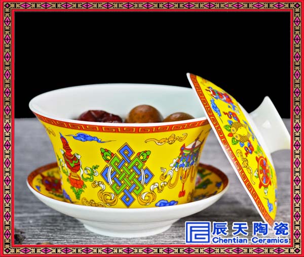 结婚喜庆献茶碗   手绘山水三才碗&nbsp;&nbsp;亚光禅意盖碗
