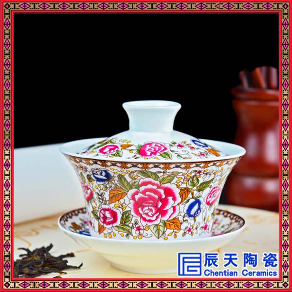 结婚喜庆献茶碗   手绘山水三才碗&nbsp;&nbsp;亚光禅意盖碗