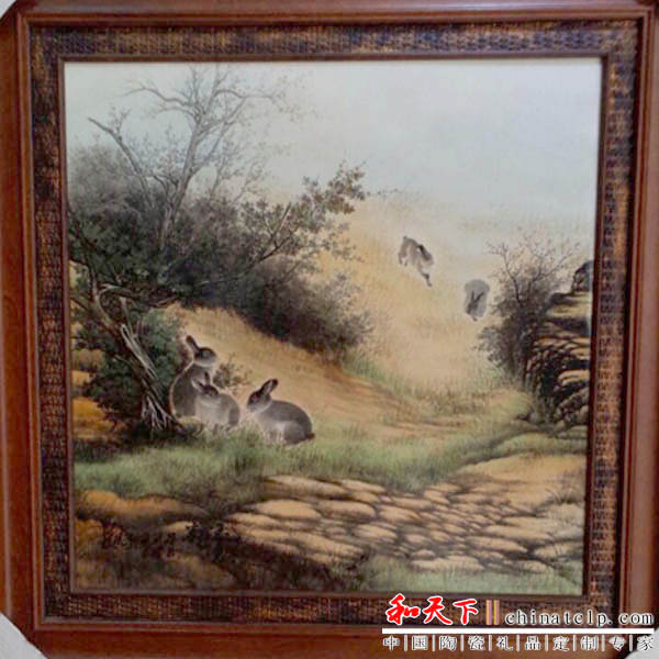 中式古典装饰修陶瓷坐屏手绘山水屏风瓷板画