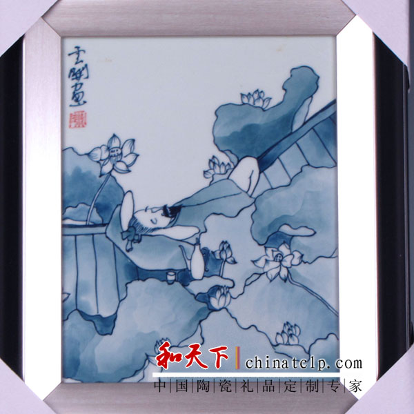 中式古典装饰修陶瓷坐屏手绘山水屏风瓷板画