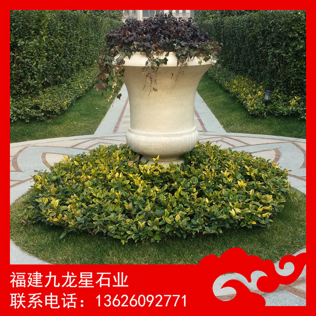 黄锈石花钵 石制花钵雕刻 景区石雕摆件