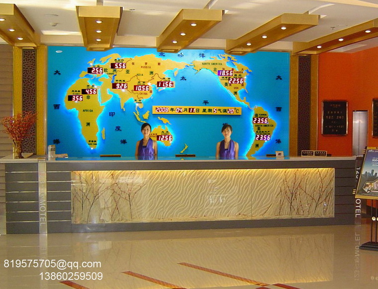酒店大堂背景墙设计制作安装 世界地图钟  酒店背景墙设计  酒店吧台背景墙