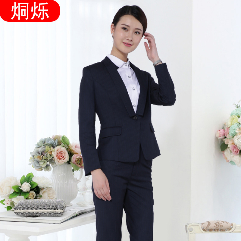 长沙藏青色免烫条纹三件套加工定制  职业装  女西装套装  工装女