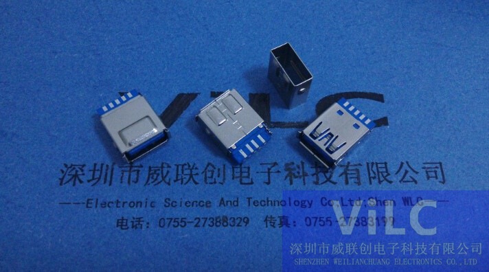 USB3.0焊线式母座+带护套=镀金15U USB 3.0母座 USB-AF USB连接器