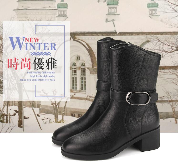 冬季新款时尚粗跟短靴女 加绒女靴牛皮圆头  牛皮圆头短靴