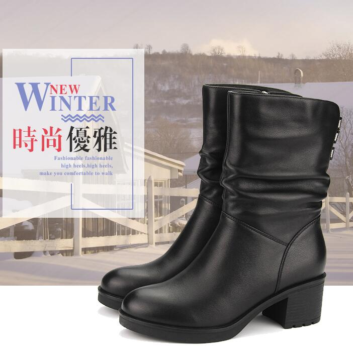 冬季新款牛皮圆头粗跟骑士靴 高跟加绒中筒  高跟加绒中筒靴女