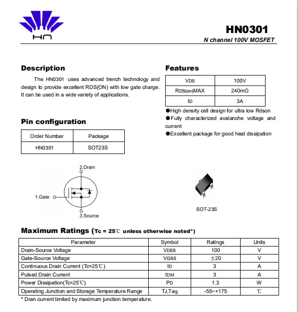 100V3A SOT-23S 100V3A 贴片香薰机MOS  HN0301