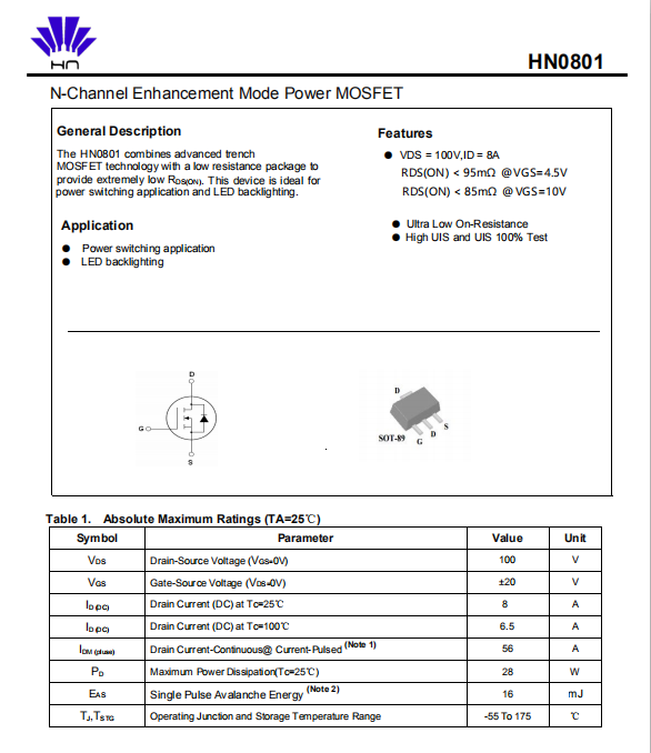 100V SOT-89 美容仪加湿器MOS管  100V 8A  N沟道