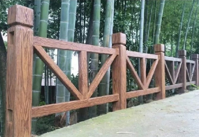 广东水泥复古造型护栏，河道梯状仿木栏杆厂家