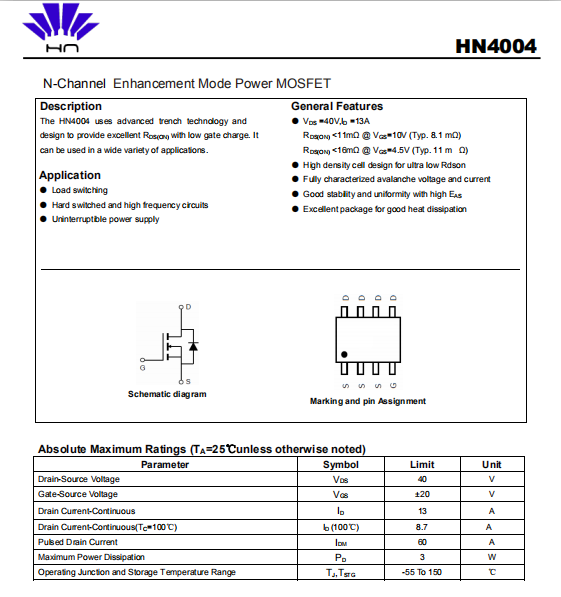 40V 10A SOP8替代NCE4015S AO4450  HN4004  40V10A