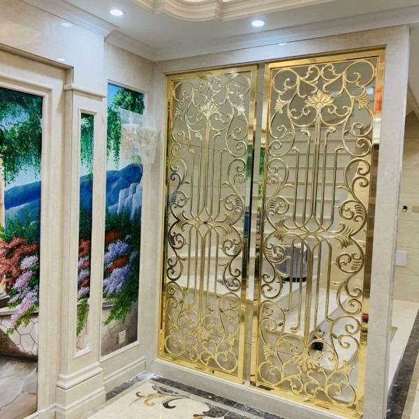 新中式拉丝钛金不锈钢激光屏风  不锈钢屏风  不锈钢花格  不锈钢激光镂空屏风