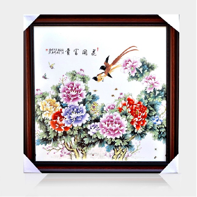手绘粉彩国色天香瓷板画纯工笔画客厅装饰画&nbsp;&nbsp;陶瓷&nbsp;&nbsp;壁画