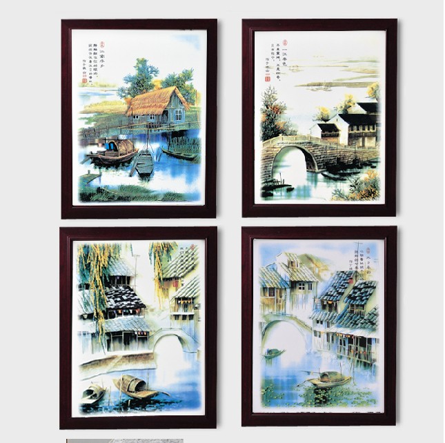 手绘青花仿古瓷板画 山水粉彩陶瓷挂画 陶瓷画