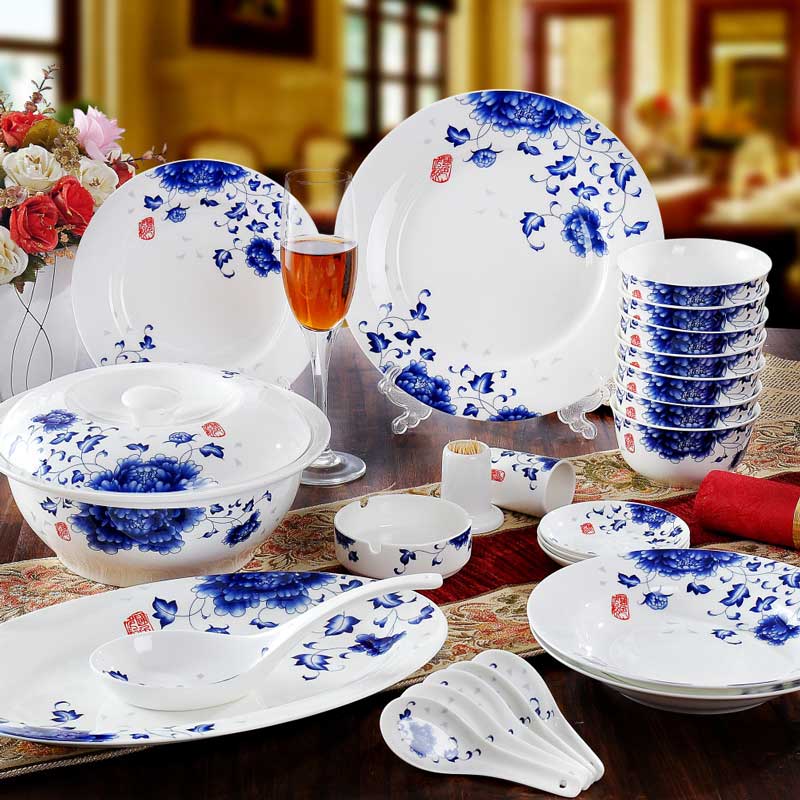 厂家定制订做景德镇青花仿古釉中彩餐具套装  定做陶瓷餐具  青花瓷餐具  陶瓷餐具套装