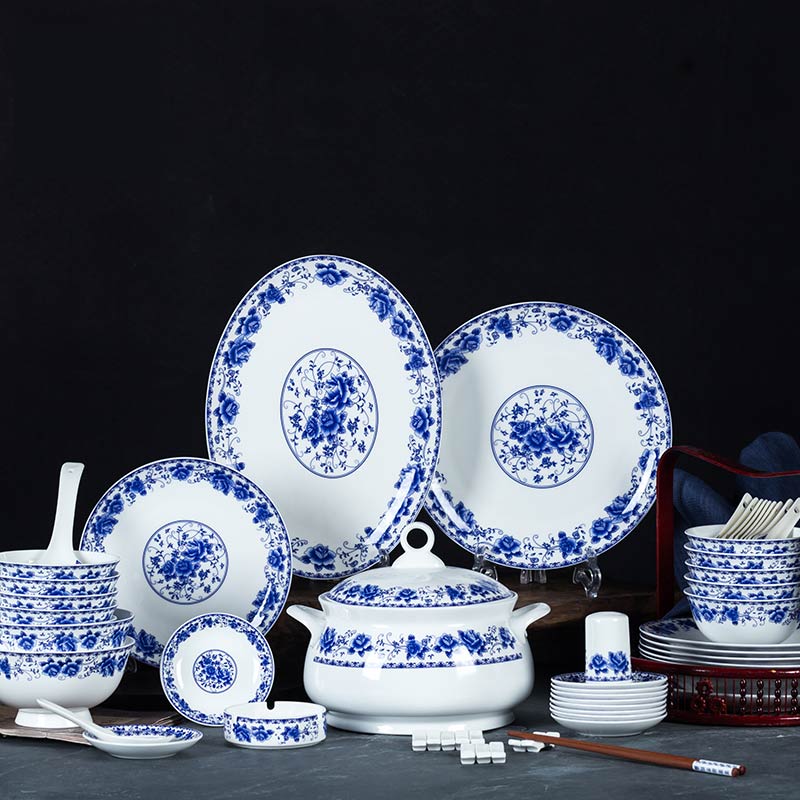 厂家定制订做景德镇青花仿古釉中彩餐具套装  定做陶瓷餐具  青花瓷餐具  陶瓷餐具套装