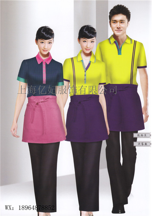 酒店中餐厅服务员工作服夏装新款  定做农家乐工装  短袖衬衫围裙裤子