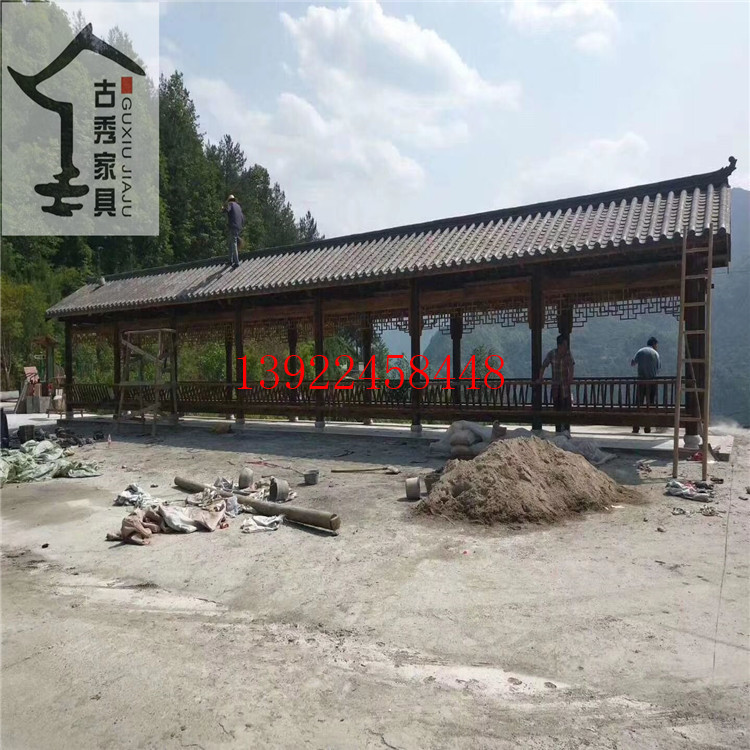 古建青瓦木质长廊，仿古防腐木中式走廊  古建中式长廊