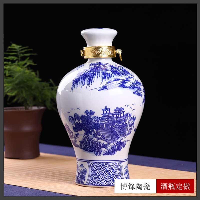 新中式复古青花山水陶瓷酒坛子3斤装密封酒壶批发&nbsp;&nbsp;复古酒坛&nbsp;&nbsp;景德镇白酒瓶&nbsp;&nbsp;陶瓷酒瓶1斤3斤5斤