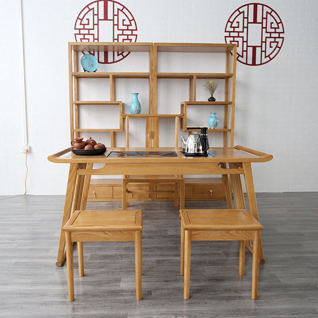 美硕家具厂家直销新中式茶桌酒店餐厅民宿桌椅博古架  新中式茶桌椅组合  禅意功夫茶桌  现代中式茶台