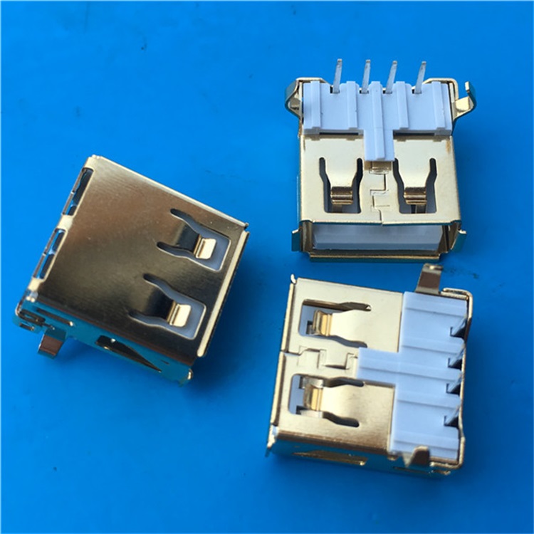 USB 2.0 AF 90度直插DIP 弯角卷边 外壳镀金  USB 2.0 90度直插母座  USB 母座  AF 2.0