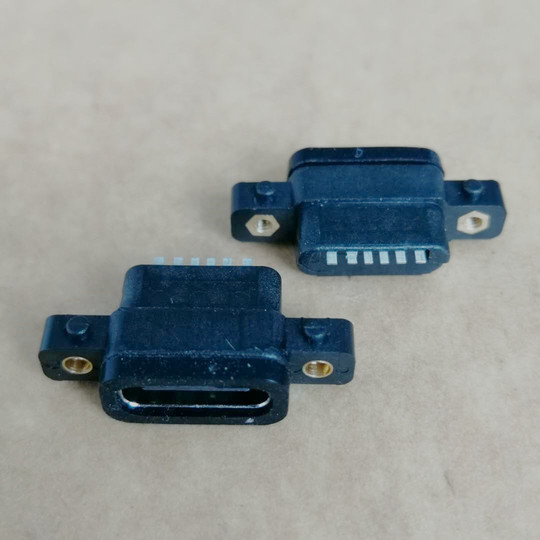 TYPE-C 6P防水母座 沉板贴片式SMT 带双耳螺丝定位
