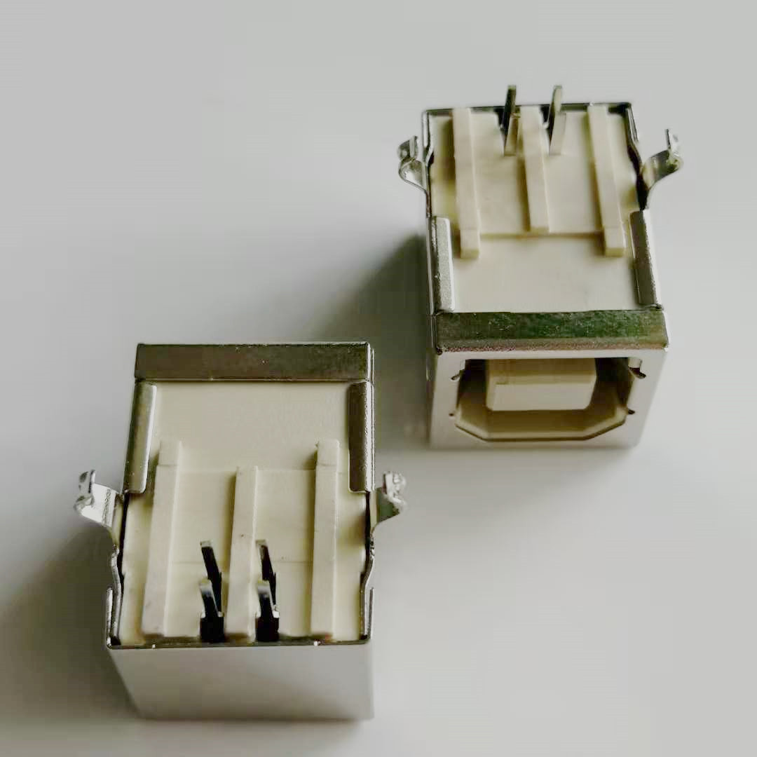 USB 2.0 B型母座 4PIN B母90度插板DIP 弯  铜壳 白胶