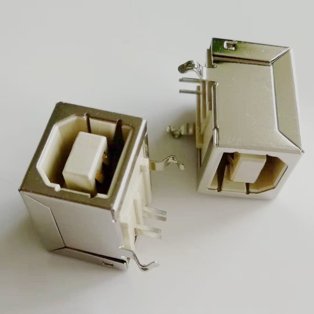 USB 2.0 B型母座 4PIN B母90度插板DIP 弯  铜壳 白胶