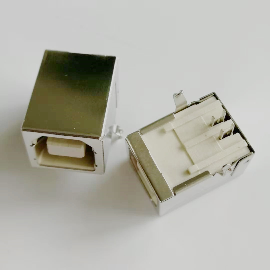USB 2.0 B型母座 4PIN B母90度插板DIP 弯  铜壳 白胶