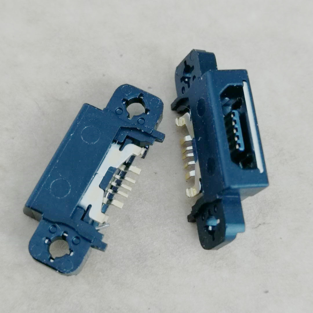 斜口式MICRO USB 5P贴片防水母座 带双耳定位孔大电