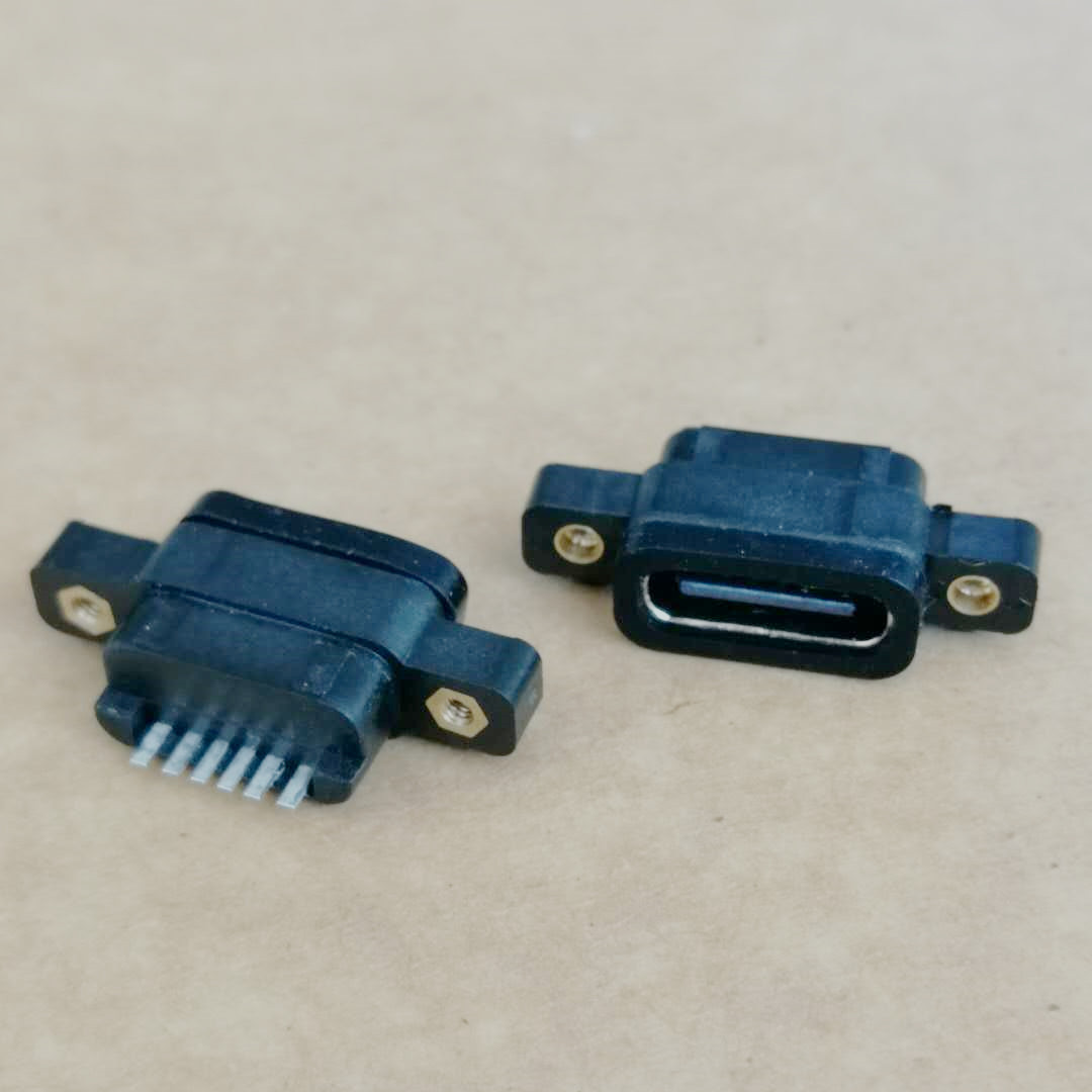 TYPE-C 6P防水母座 卧式贴片SMT 沉板式 带螺丝定