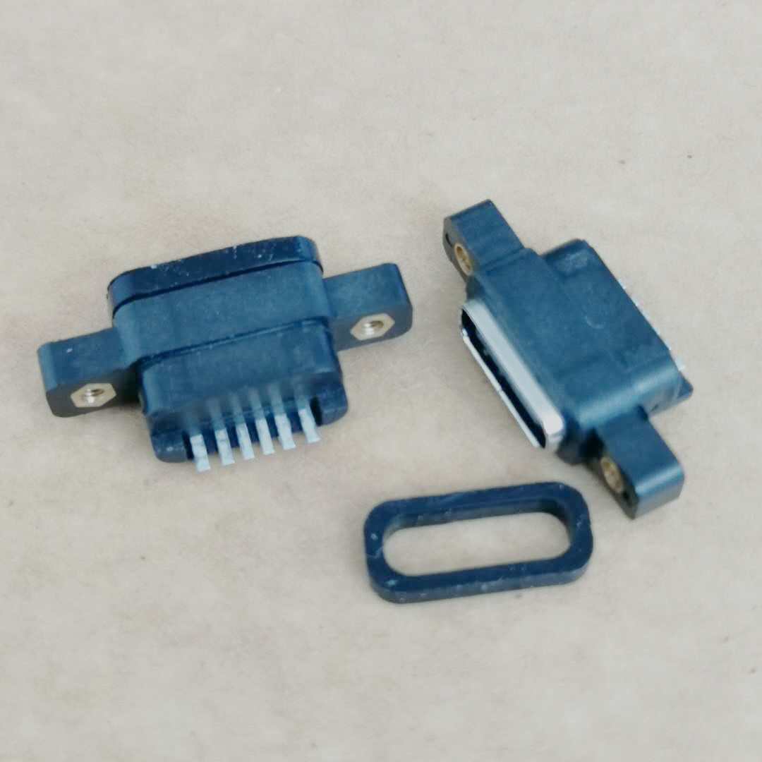 TYPE-C 6P防水母座 卧式贴片SMT 沉板式 带螺丝定