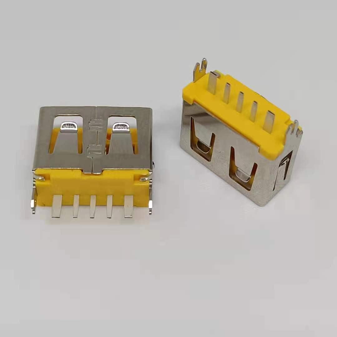大电流USB  5P立式直插 180度插板 黄色胶芯 带鱼脚