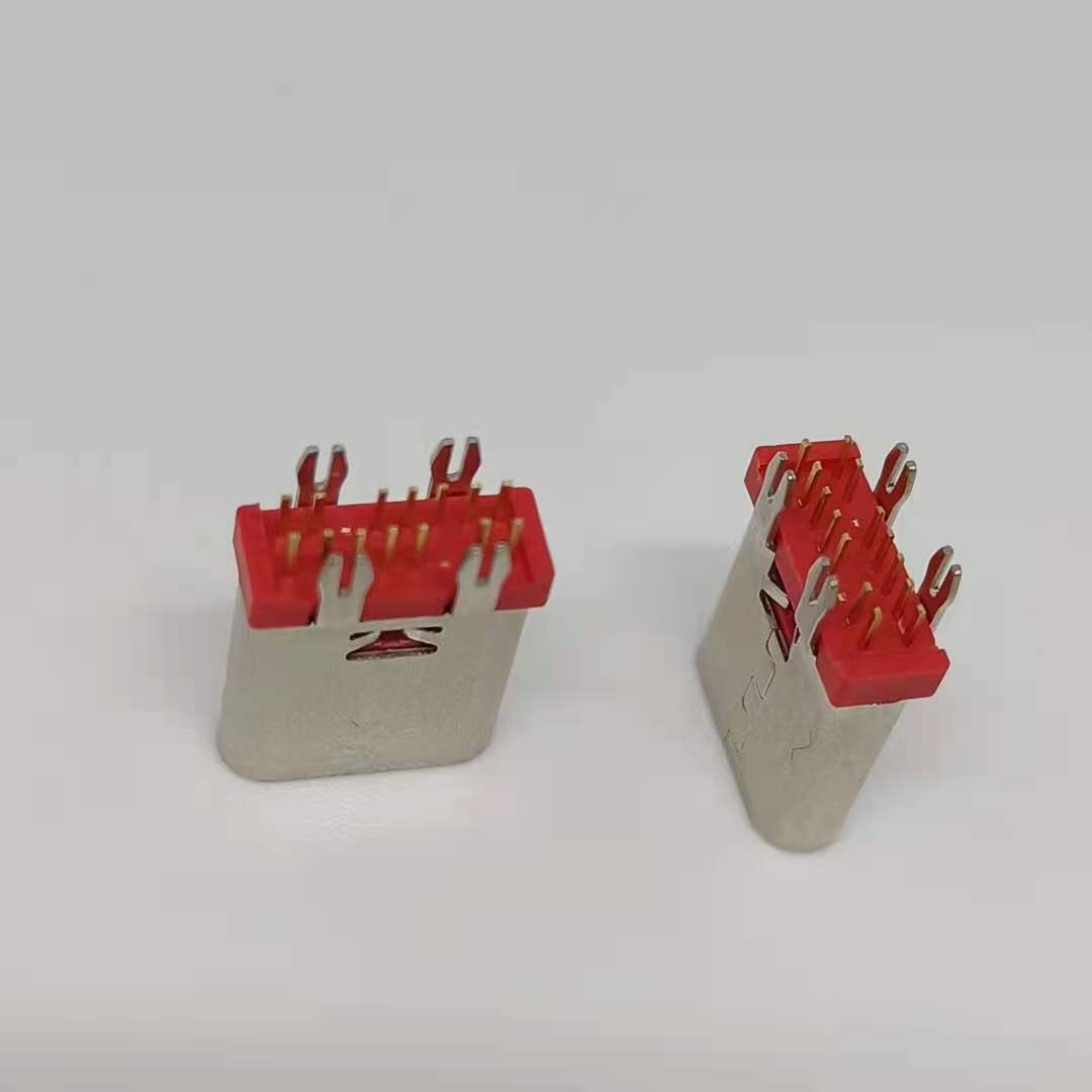 USB3.1 TYPE-C14P立式直插母座 180度插板D  红色胶芯  带鱼叉脚