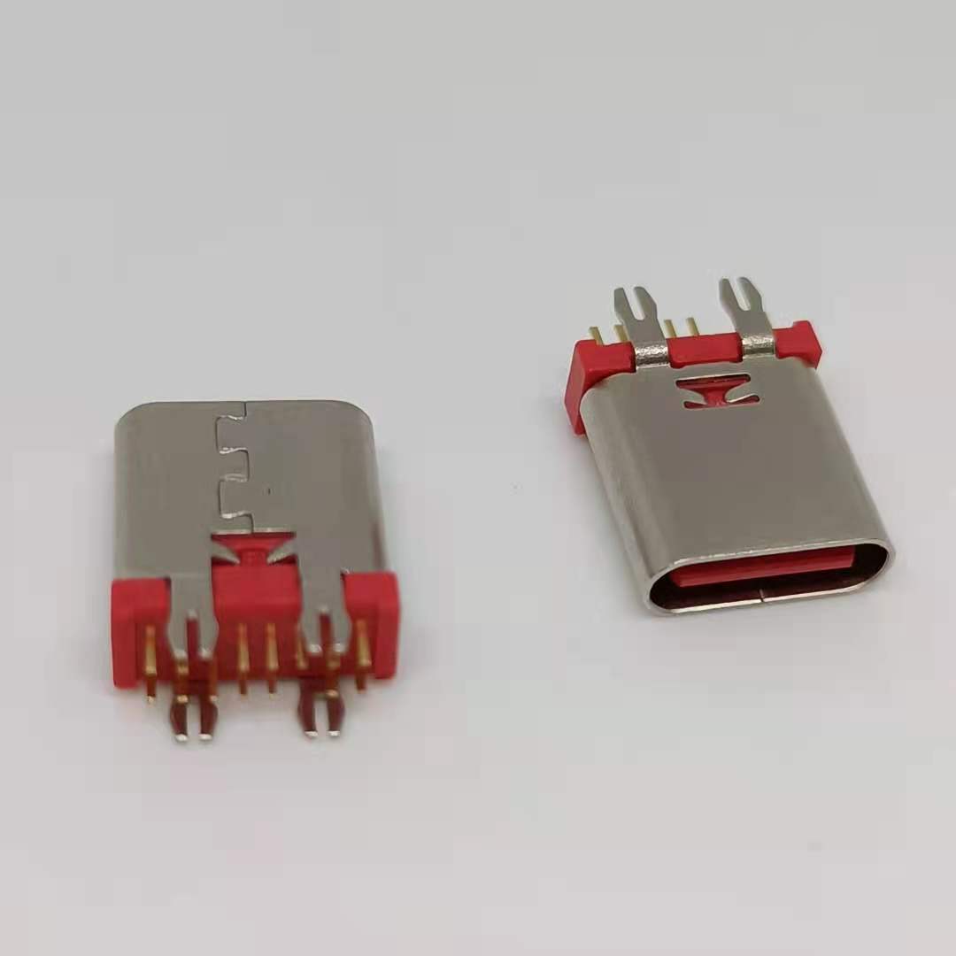 USB3.1 TYPE-C14P立式直插母座 180度插板D  红色胶芯  带鱼叉脚