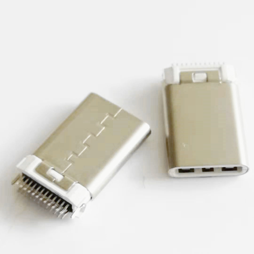 TYPE-C 24pin夹板公头 夹板0.8带接地脚加长L=  双面插白胶铆合款