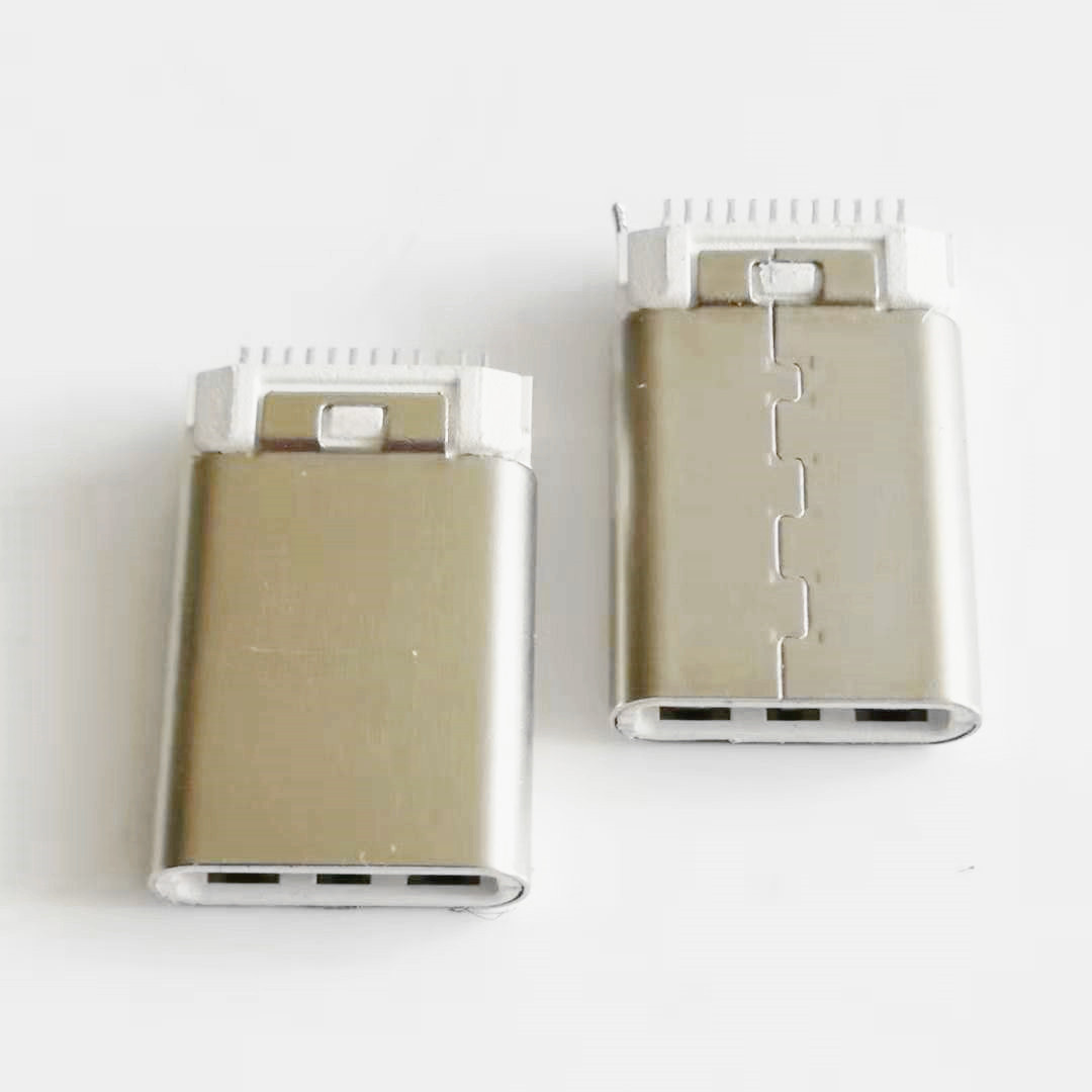 TYPE-C 24pin夹板公头 夹板0.8带接地脚加长L=  双面插白胶铆合款