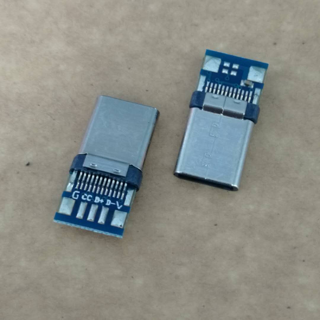 USB TYPE-C 24P夹板公头 带PCB板 5个焊盘  快充公头 铆合款