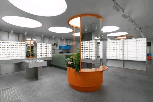 工业风的眼镜店装修设计,110平眼镜展示柜台设计定制 眼镜展示柜台定制 店面设计布局