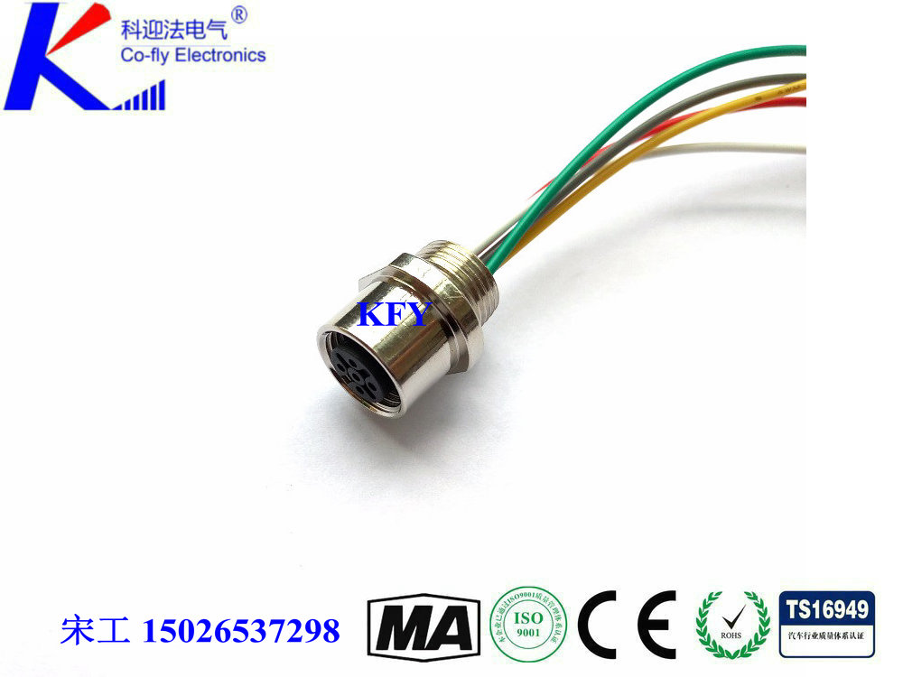 M12-5孔插座|5芯M12连接器M16X1.5后面板安装  板后插座