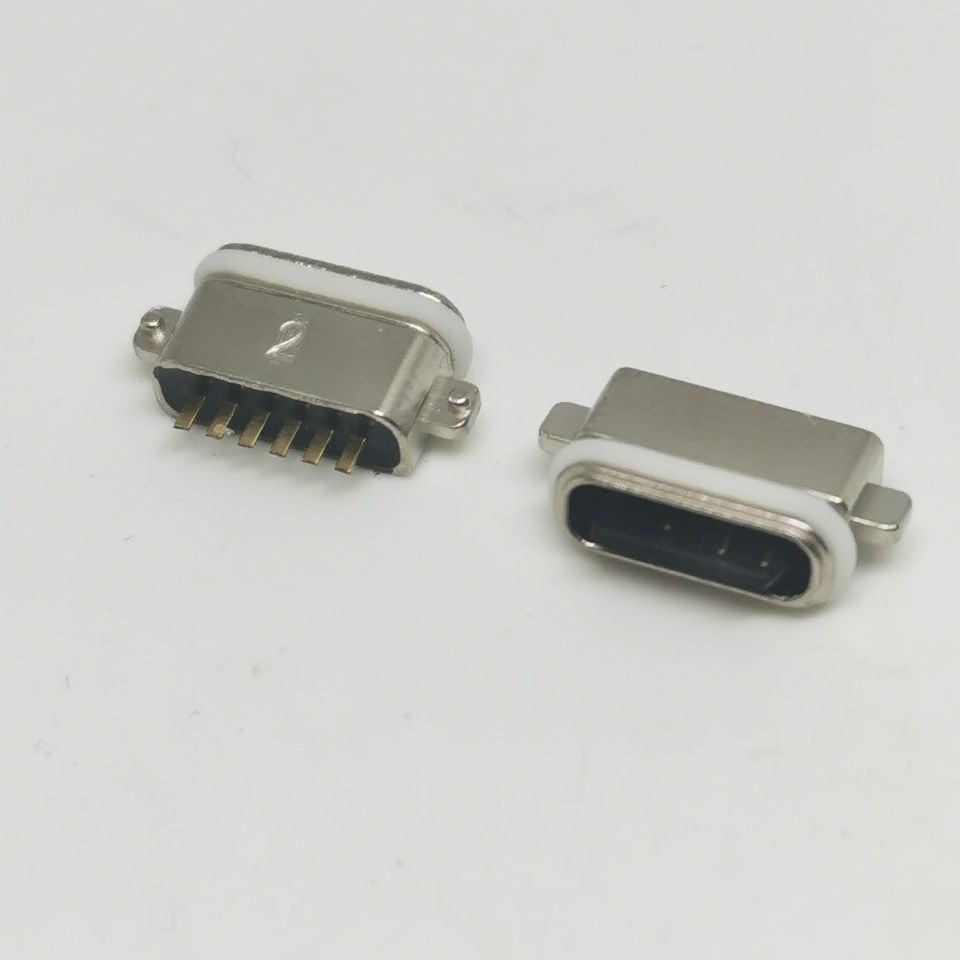6P短体防水TYPE-C母座  沉板DIP  双耳带柱