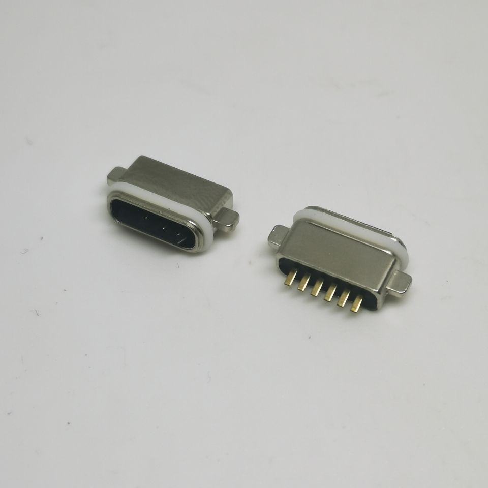 6P短体防水TYPE-C母座  沉板DIP  双耳带柱