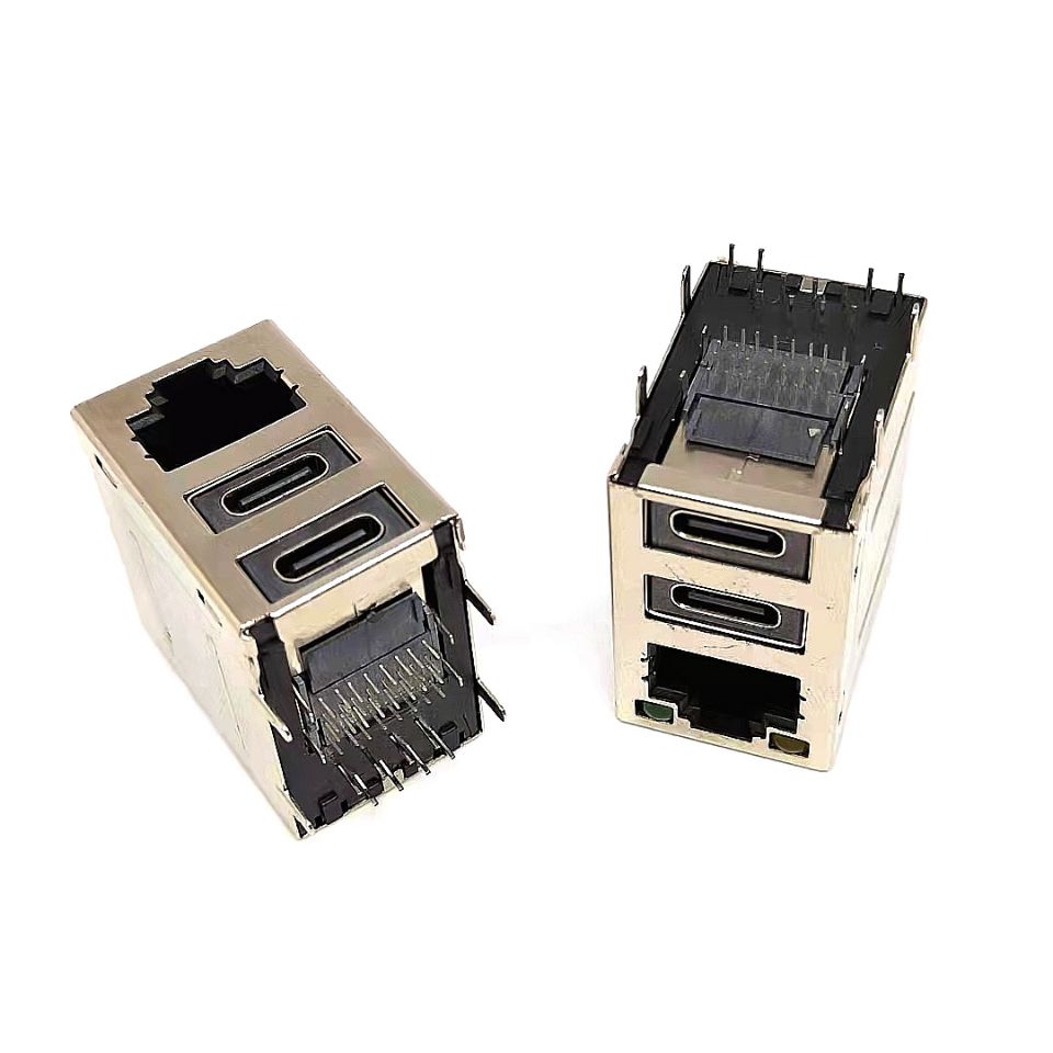 RJ45网口+TYPE-C双层母座  三合一90度插板dip