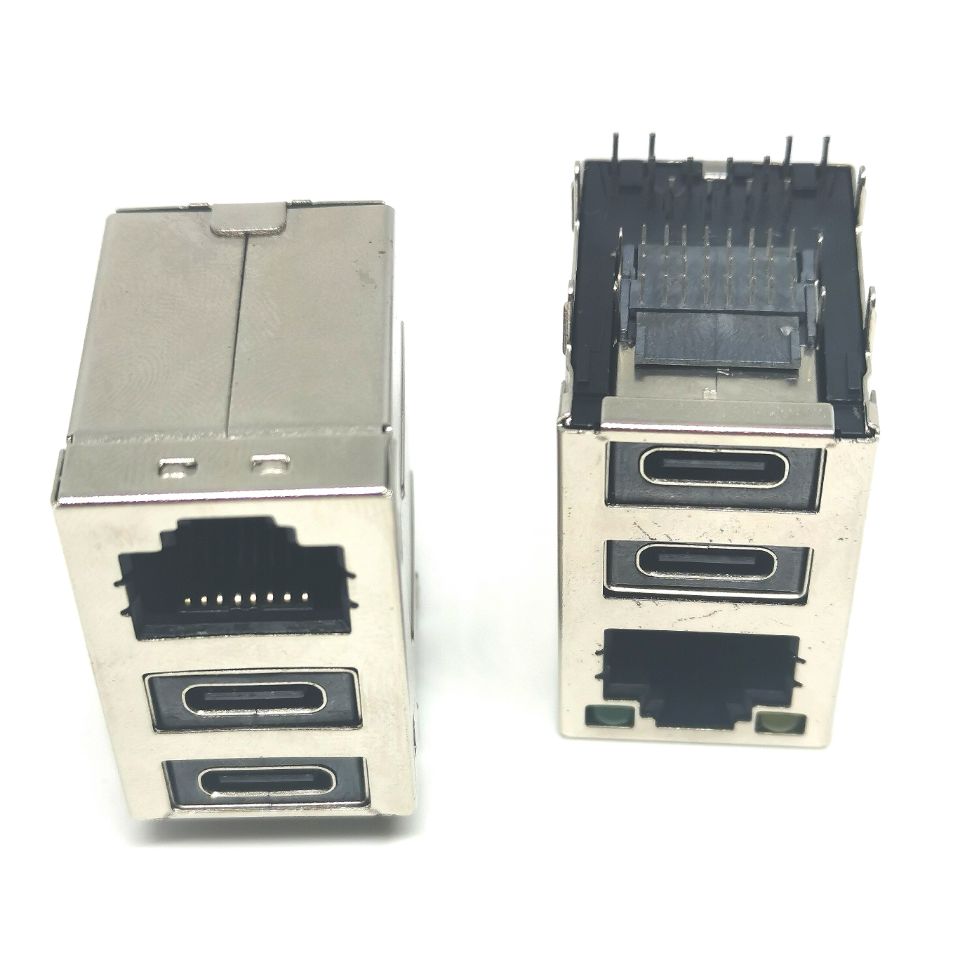 RJ45网口+TYPE-C双层母座  三合一90度插板dip